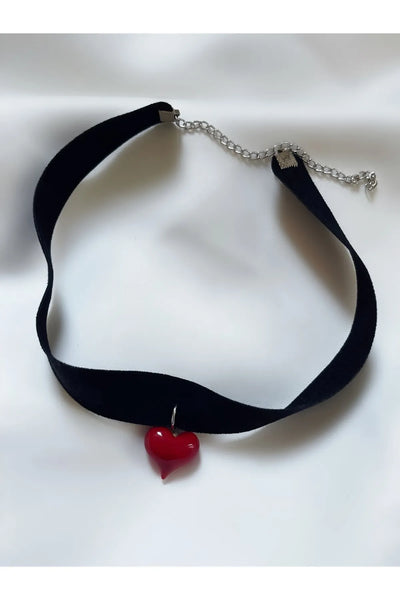 Kırmızı Cam Kalp Choker Kolye Kalp Aşk Kolye