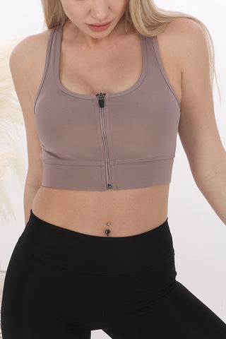 Fermuarlı Sporcu Crop Top Vizon