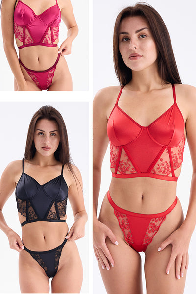 Çiçek Detaylı Bralet Set Siyah